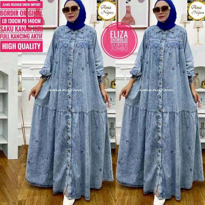 Eliza bordir Gamis Jeans Jumbo size besar Dress muslim premium Maxy elegan / Amj
