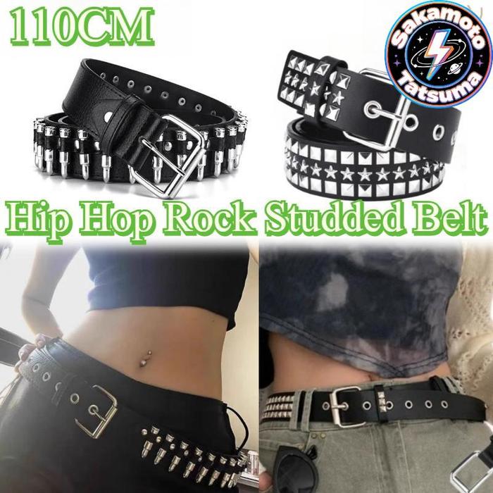 110CM Hip Hop Rock Studded Belt/ Gesper Punk Rock White Pin Buckle Belt/ Fashion Wanita Kulit Punk B