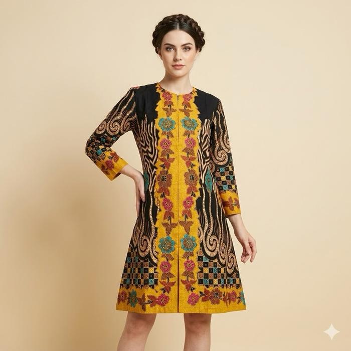 Shanaya Batik Tunik Santika Katun Solo Zipper depan size M L XL XXL Seragam  Atasan  Wanita  Muslim 