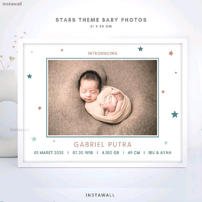 Cetak foto bingkai biodata bayi Kado Biodata kelahiran bayi aesthetic Tema Star Foto newborn Hiasan 