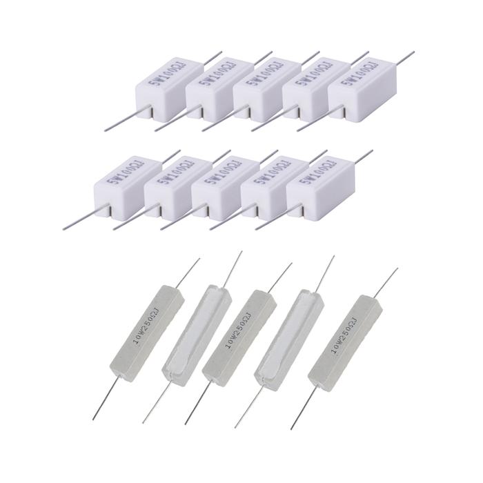 Resistor semen keramik aksial 5% Watt, 15 buah 100Ohm 5W & 250ohm 10W