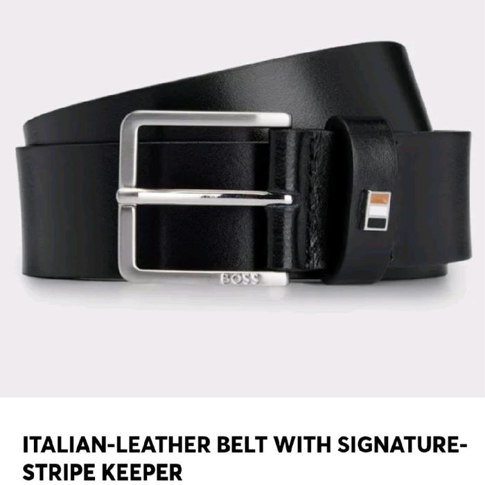 NEW: BOSS Hugo Boss Italian BLACK Leather Belt with Signature Stripe Keeper Original