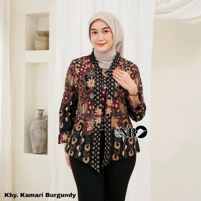 Baju Atasan Blues Batik Wanita Dewasa Model Kebaya Modern Minimalis Casual - Oversize, Hitam, Motif,