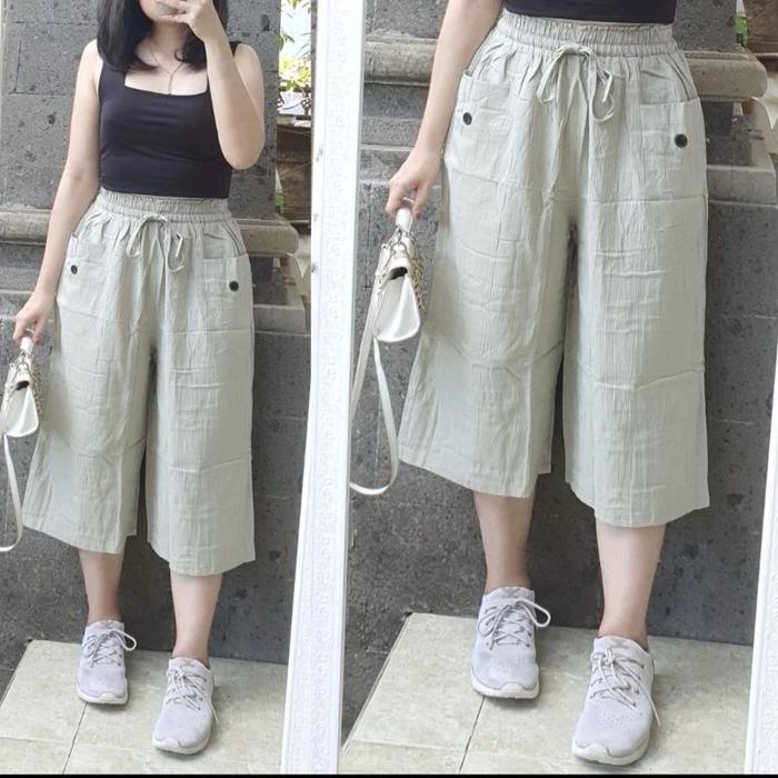 Celana Viona 7/8 Kulot Linen Cringkle Celana Kulot Jumbo Celana Wanita Santai buat sehari -hari/Cela