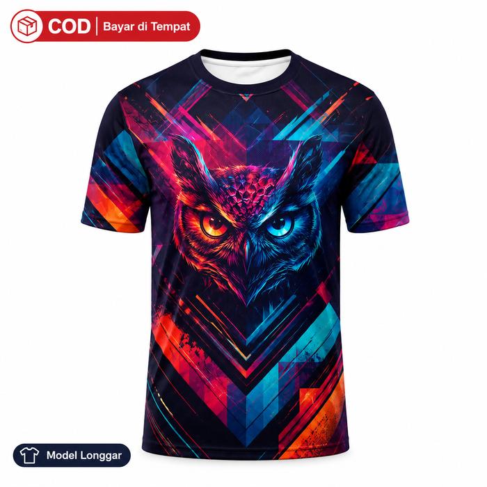 Kaos 3D Full Print Burung Hantu Neon Cyber Owl – Desain Streetwear Premium Glow Style Unisex COD Bay
