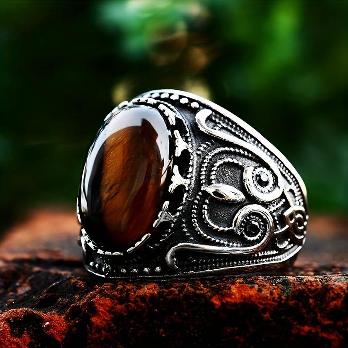 Cincin Keren Mata Harimau Coklat Original Buatan Pria Keren Cincin Perak Perak Elang Hitam Totem Bat