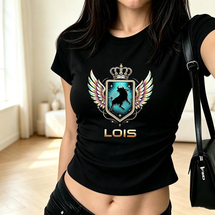 LOIS JEANS Kaos Wanita Crop Lengan Pendek Print Perisai Sayap Mahkota Banteng Lois Warna Hitam Ukura