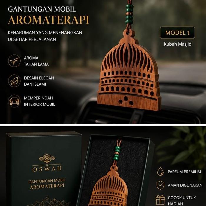Oswah Gantungan Mobil Aromaterapi Model 1 Kubah Masjid & Model 2 Tulisan Arab Parfum Premium Aman Di