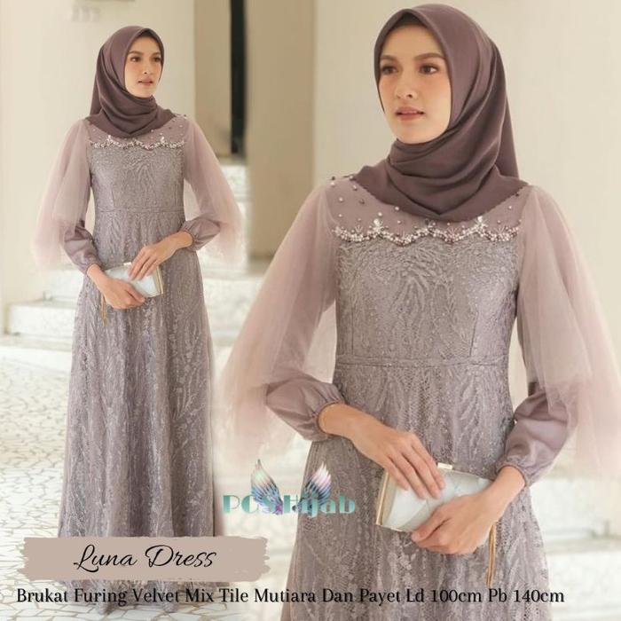 Luna Dress Brukat Tile Apply Mutiara Gamis Shelomita Brukat Gamis Kondangan Gamis Brukat Remaja Musl