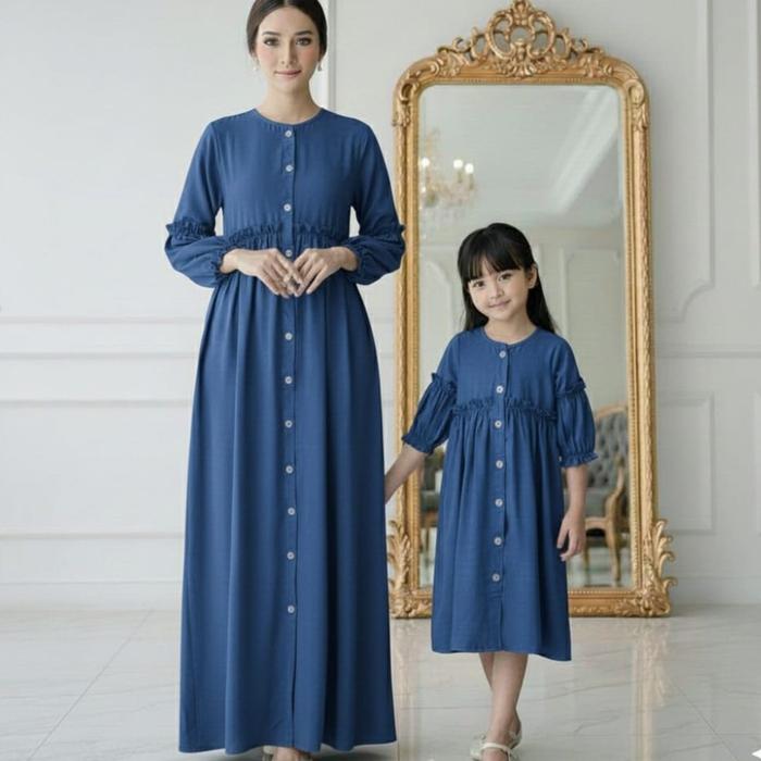 Gamis Couple Ibu dan Anak Model Terbaru Baju Lebaran Keluarga Kekinian Usia 5-10 Tahun Warna Biru Mu
