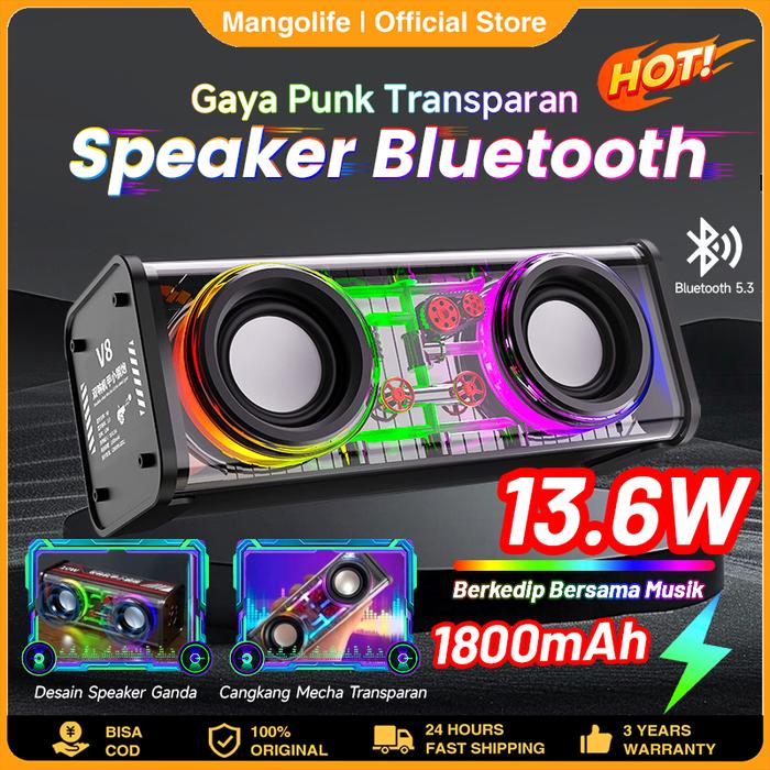Cyberpunk Bluetooth Speaker 13.6W Double Subwoofer Music Speaker RGB LED Light Transparent Mecha Spe