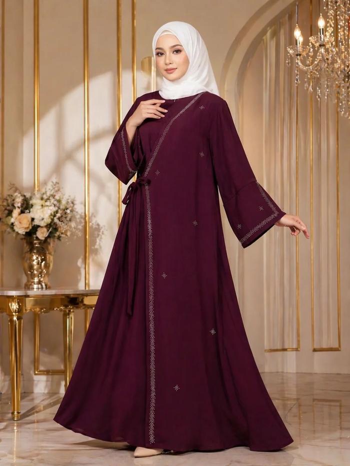 Gamis Abaya Zalia Model Terbaru 2026 Warna Burgundy Abaya Turkey Maxi Dress Aplikasi Payet Swarovski