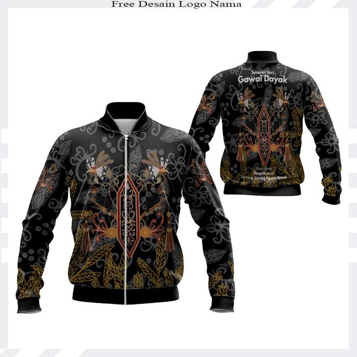 Jaket Bomber Gawai Dayak Kalimantan Motif Dayak Custom Nama Logo Full Printing