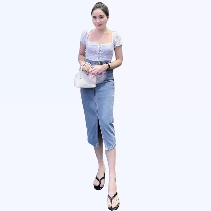 (Z-Two Fashion) Highwaist  Rok Jeans Wanita Kain Melar Panjang 7/9 belahan Belah Depan Doubel Button
