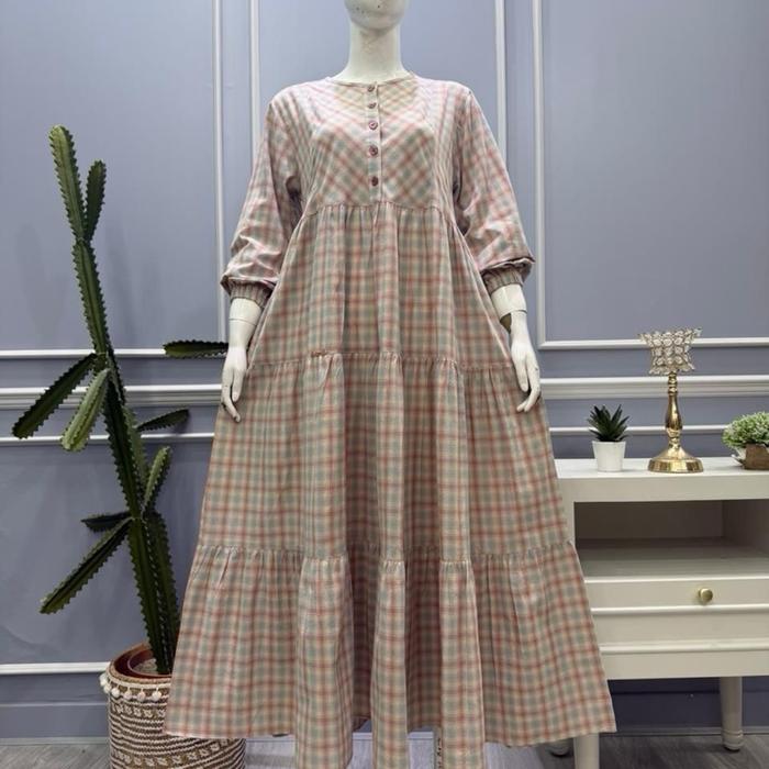 midi dress salvina ys motif kotak tali belakang