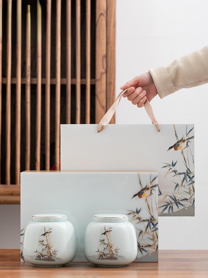 Tea Jar Bamboo Leaves Flowers and Birds Ceramic Empty Gift Universal