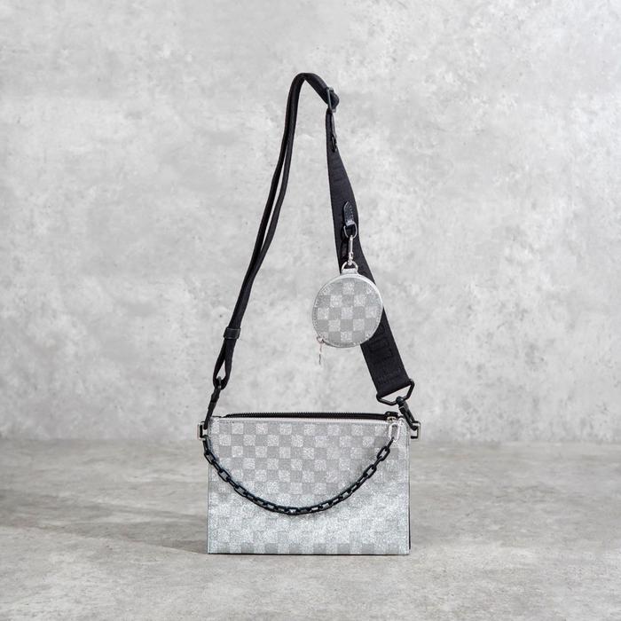 Tas LOUIS VUITTON TRIO POUCH GLITTER SILVER BLACK CHAIN SHOULDER BAG 100% ORIGINAL - 24X16CM