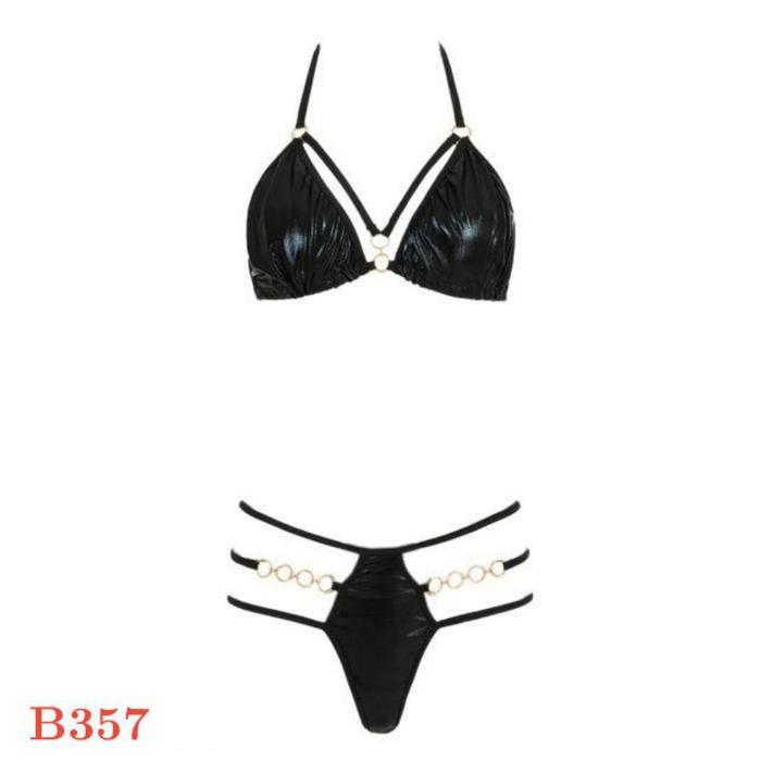 NEW PAKAIAN DALAM WANITA SEXY B357 BRA SET BRALETTE HALTER HITAM LATEX RING GOLD ORI