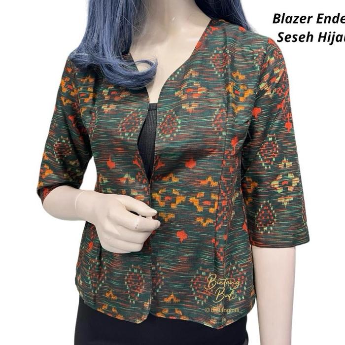 Blazer Outwear Bolero Endek Bali Wanita Katun Motif Seseh Hijau Magenta Pink Keunguan