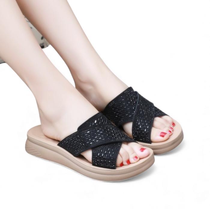 Sandal Teplek Wanita 3cm Slip-on Flat Permata Fashion Kondangan Mewah Sendal Premium Model Calbi
