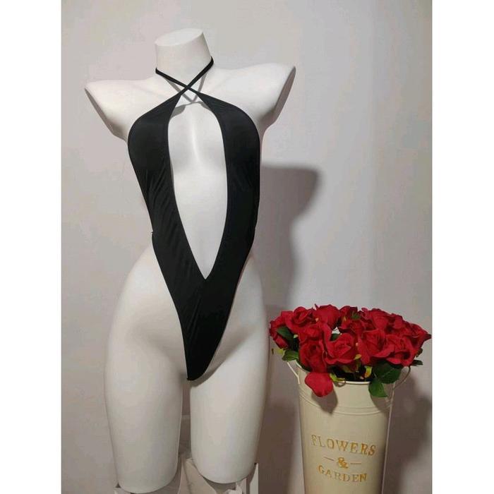 Lingerie Wanita Model Swimsuit Bahan Satin Premium F368 Dress Tidur Elegan Warna Hitam