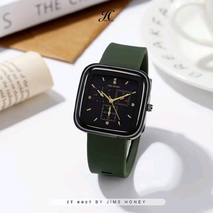 Jims Honey JT 8027 Jam Tangan Square Case Hitam Tali Hijau untuk Pria dan Wanita