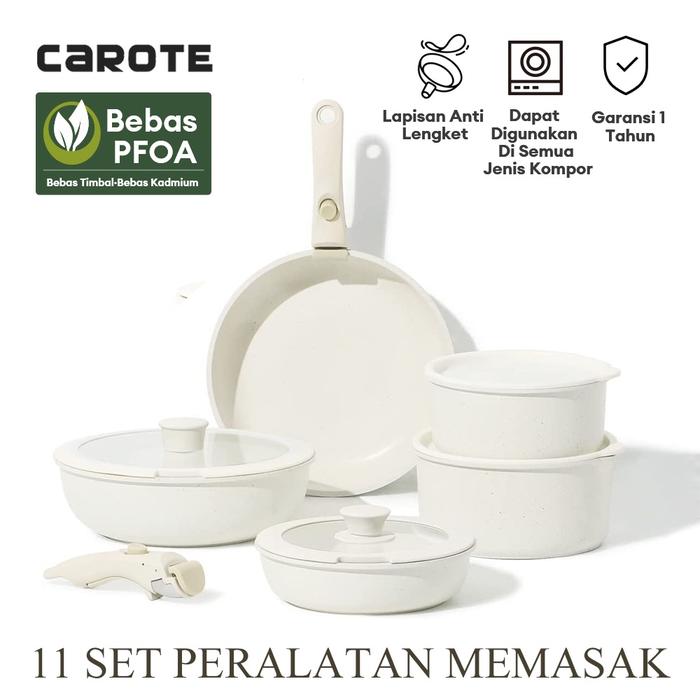 DISKON CAROTE Putih Granit Antilengket Peralatan Masak 11pcs Dengan Pegangan Yang Dapat Dilepas Panc
