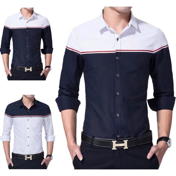 BISA COD KEMEJA TRENDY KOMBINASI LENGAN PANJANG WARNA PUTIH WHITE BIRU NAVY DONGKER BLUE PAKAIAN LEL