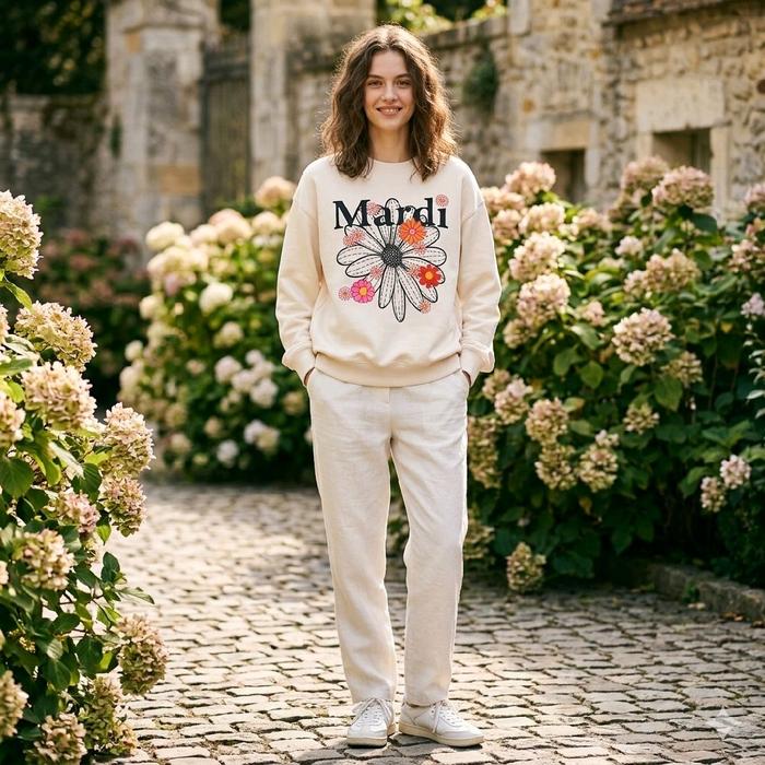 CN KOREA MARDI CREAM SABLON Sweater Wanita dengan Desain Bunga Pink dan Tulisan Mardi untuk Gaya San