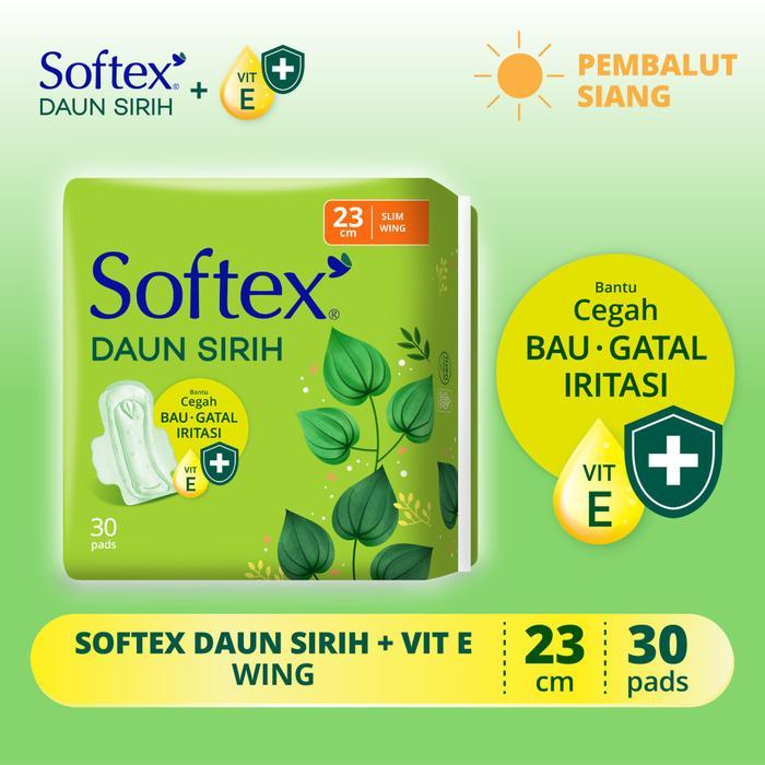 Softex Daun Sirih + Vitamin E Jumbo Pack 23cm isi 30 Pads - Pembalut Daun Sirih Siang - Sirih Wing 3