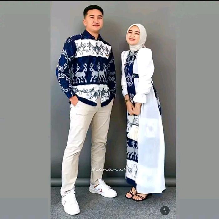 SORE COUPLE TENUN A_lea Ntt Biru Putih Baju Couple Tenun Kain Asli Grade A Halus Adem Nyaman Jahitan