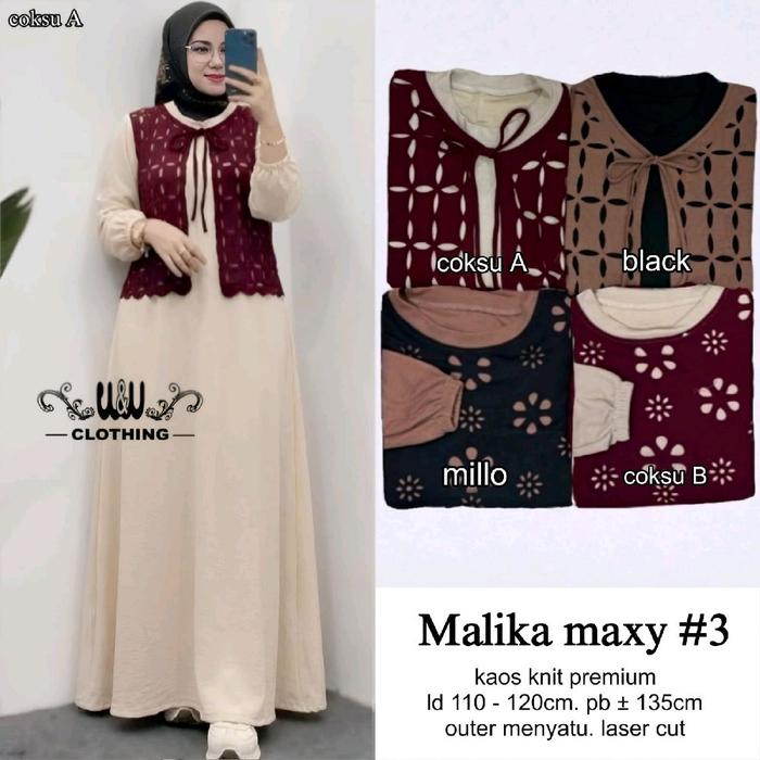 [Ready] Malika Maxy #3 Outer Kaos Knit Premium Outer Menyatu Laser Cut Dress Wanita Muslim Baju Gami