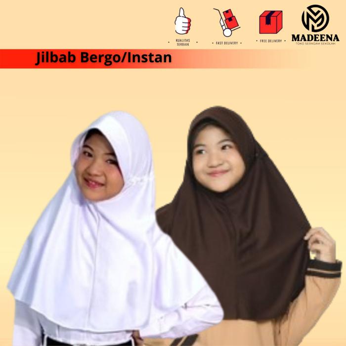 Jilbab Kerudung Instan Bergo Kaos Jersey Pet Tali Anak SD SMP SMA Warna Putih Hitam Coklat Prmuka