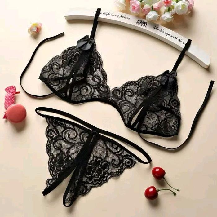 Lingerie Pakaian Set Dalam Bra + G String Transparan Pita Bunga Terlaris Bahan Polyester Ukuran S M 