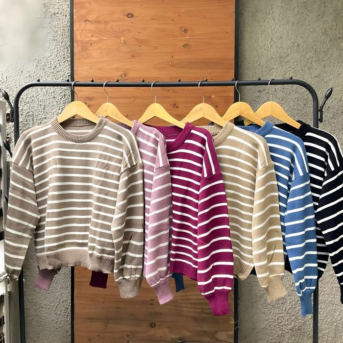 MF TITI STRIP SWEATER RAJUT KERAH BULAT Baju Panjang Knitwear Wanita