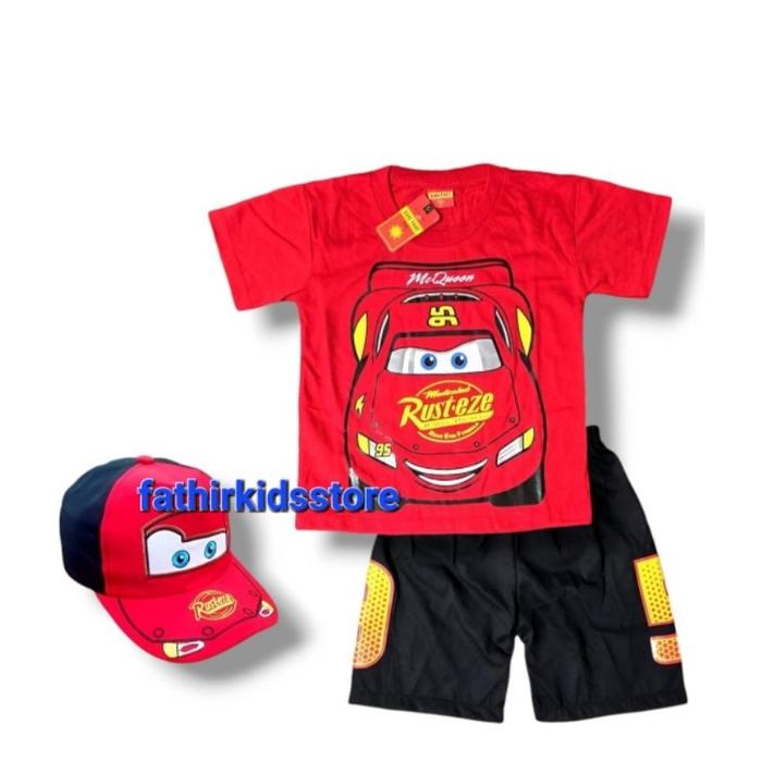 SETELAN ANAK BAJU MOTIF KARAKTER CARS MCQUEEN USIA 1-10THN DAPAT TOPI/SETELAN MCQUEEN CARS/TOPI MCQU