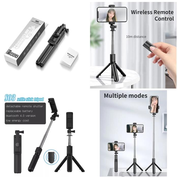 Tongsis Tripod Bluetooth 3in1 + Remote Tongsis S03 Selfie Stick 360°