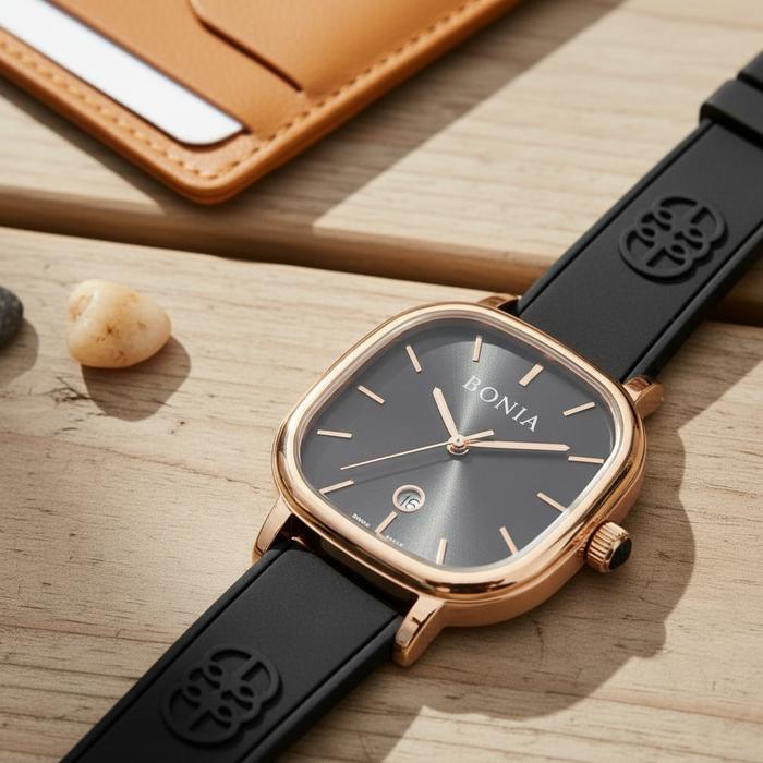 Bonia Women Watch BNB10839-2532 Black Silicone Strap 28.5mm x 37mm Quartz Analog Date Hardlex Crysta