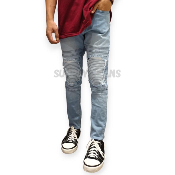 Celana Jeans Biker Patch Pria Skinny Jeans Panjang Blue Sky