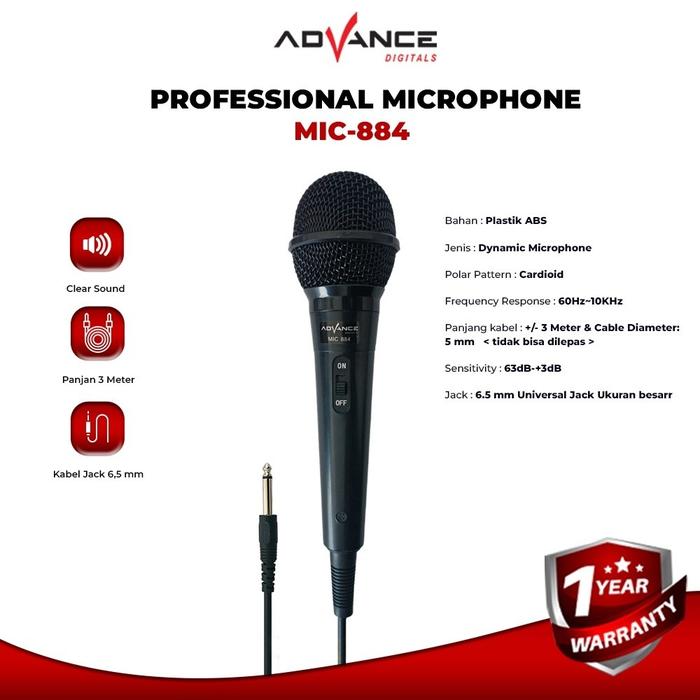 Advance MIC-884 Karaoke Profesional Dynamic Microphone Kabel Jack Besar 6,5MM Garansi Resmi 1 Tahun