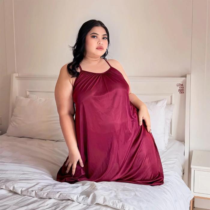 Dress Tidur Jumbo Chubby Size Tali Tipis Silang Lingkar Dada 150 cm Bahan Sutera Taffeta Merah Tomat