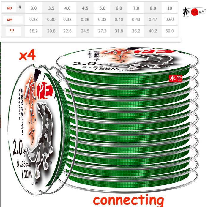 senar pe x4 konekting 100m /gulung warna hijau kuat 50 kg - 10