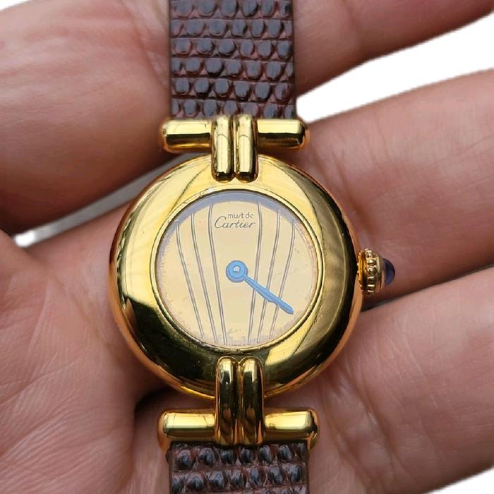 Cartier Jam Tangan Must de Cartier Vintage Colyse Quartz Movement Dengan Tali Kulit Coklat dan Desai