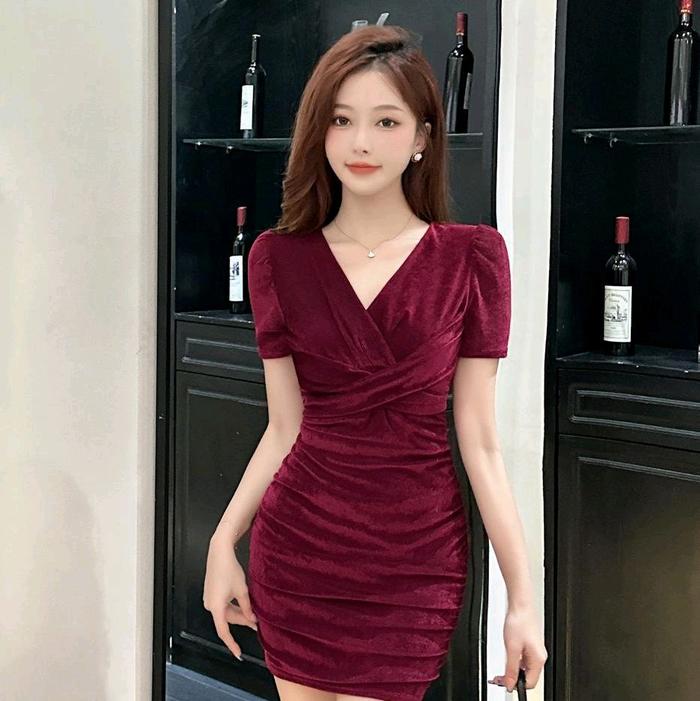 DRESS NAOMI KOREAN DRESS VELVET MINI DRESS ELEGANT SEXY GLAMOUR Cantik Nyaman