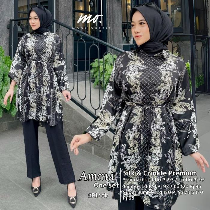 Amena one set - Setelan Tunik motif wanita jumbo ld 110 120 130 setcel kekinian hijab stelan crinkle