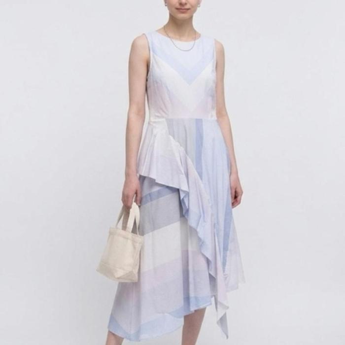 Uniqlo Gaun Panjang Preloved Layer dengan Desain Asimetris dan Warna Pastel Wanita Katun Dress