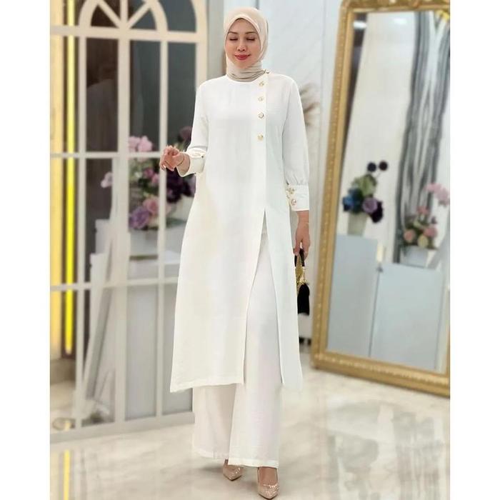 TERBARU /One Set nita Import Setelan Tunik Desa Ootd Hijab Remaja Set Long Jumbo Crinkle Airflow Ld 