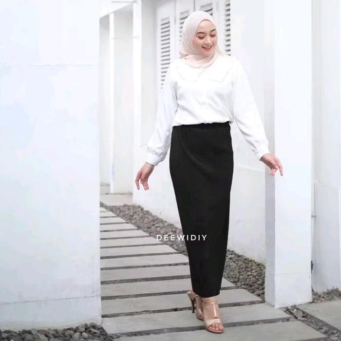 Rok Kerja Wanita Hitam Premium Plisket Lidi Span - Katun, Panjang