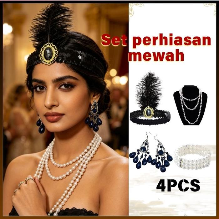 Set Aksesoris Gatsby Retro 4in1 - Headpiece Bulu, Kalung Mutiara Berlapis, Anting Gelang, Cocok untu