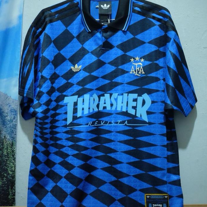 Adidas Argentina x Thrasher Size L Original BNIB Baju Sepak Bola Biru Hitam dengan Logo Thrasher Rev